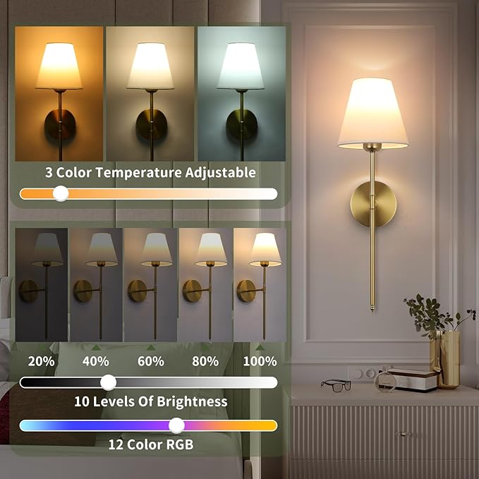 Battery Operated Wall Sconce Set of 2, 15 Colors Wireless Wall Light With Dimmable Remote Control Last 18-50 Hours, Gold Rechargeable Wall Lamp With White Fabric Shade For Living Room Bedroom Hallway