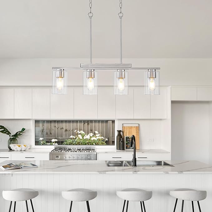 WILON Kitchen Island Lighting, 4 Lights Nickel Sand Linear Chandeliers Modern Farmhouse Chandelier with Glass Shades for Kitchen Island Living Dining Room Foyer Bedroom(Brushed Nickel,4 Lights)
