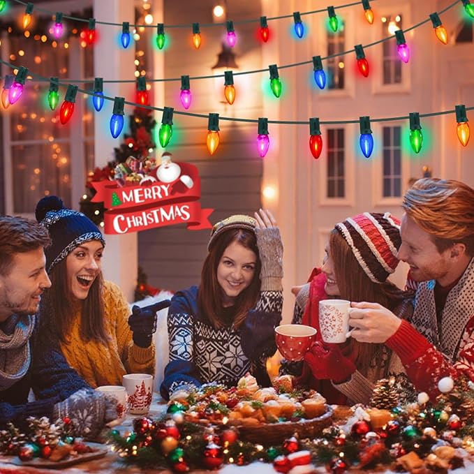 50 Feet Multi-colored C7 LED Christmas Lights Outdoor Colored Christmas Lights Waterproof with 50 + 5 Pack Energy Efficient C7 LED Bulbs (0.6W = 7W) for Colorful Xmas House Stairs Porch Tree Decor