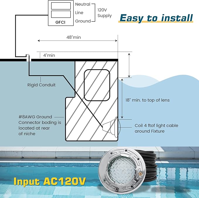 CAtArt 6 Inch Spa Light for Inground Pool Led, 50FT AC120V 6000K Cool White Pool Lights,Compatible with Pentair and Hayward Wet Niches, IP68 Waterproof, 50 FT Cord