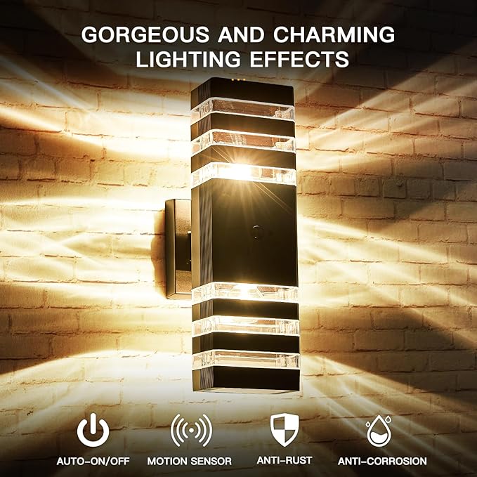 2 Pack Oil Rubbed Bronze Outdoor Wall Lights Fixtures with Motion Sensor Up Down Porch Lights Modern Dusk Dawn Exterior Sconce Wall Mount Outside Coach Lantern for House(With 4 Dimmable Warm Bulbs)