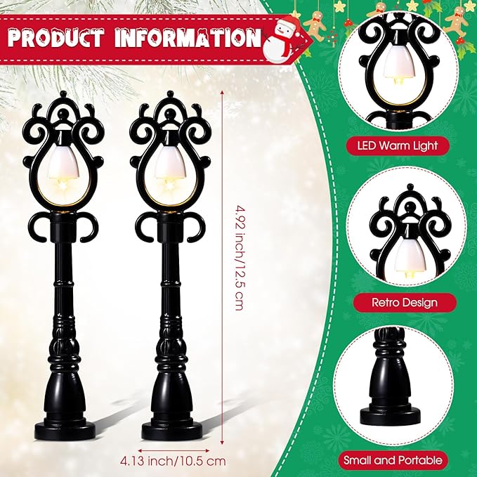 Baquler 12 Pcs Christmas Lamp Posts Christmas Village Accessories Miniature Fairy Street Lamps Decorative Uptown Mini Street Lights Pathway Lantern for Xmas Holiday Decoration DIY Craft(Retro)