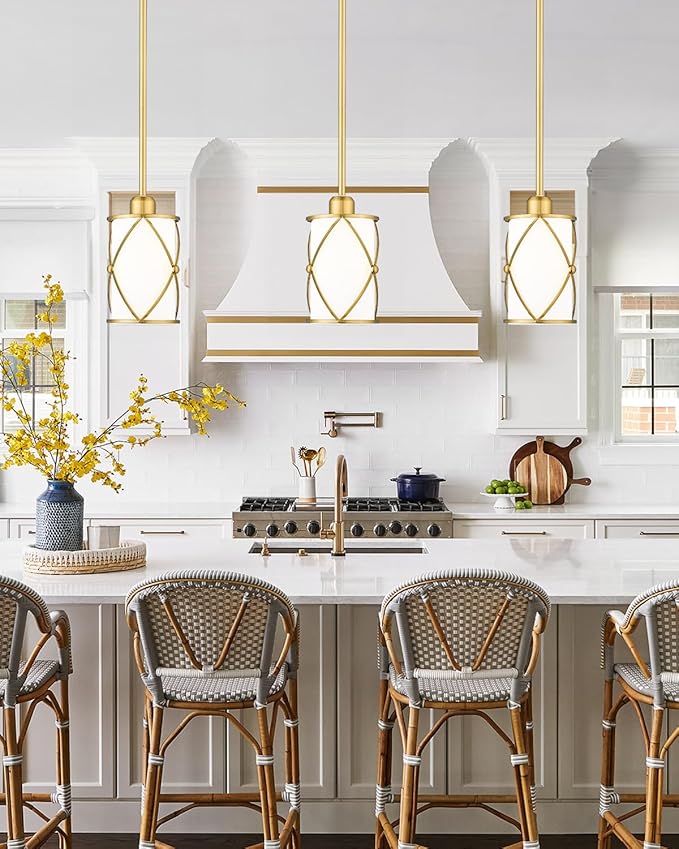 Brushed Gold Pendant Lights Kitchen Island 3 Pack, Milk Glass Kitchen Pendant Lighting Over Island with Rod, Modern Mini Hanging Light for Kitchen Sink Dining Room, CH9176BGW-3PK