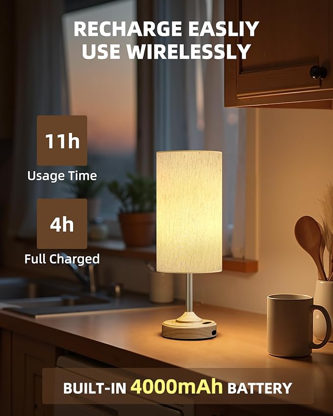 Rechargeable Table Lamp, 2-Pack, Ambient Light, Dimmable, 2700K, Timer, Touch Control, Portable, LED, Wireless, Cordless e, Battery Operated, Desk Lamp, Kitchen Lamp, Fabric Shade, Wood-Grain Finish