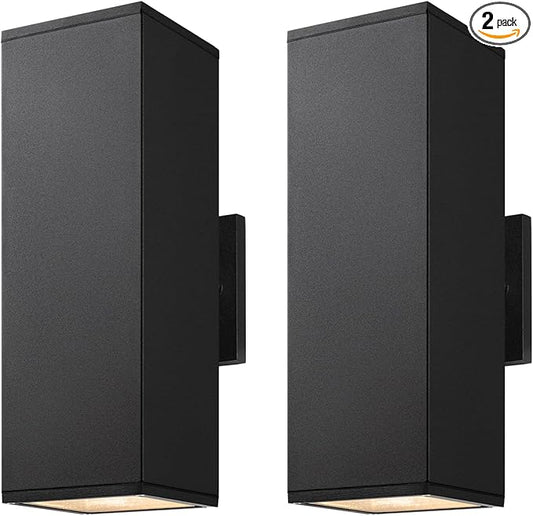 mirrea Modern Outdoor Porch Light Patio Light in 2 Lights with Aluminum Rectangular Tube and Tempered Glass Cover Waterproof Wall Sconce 2 Pack (Matte Black 14")