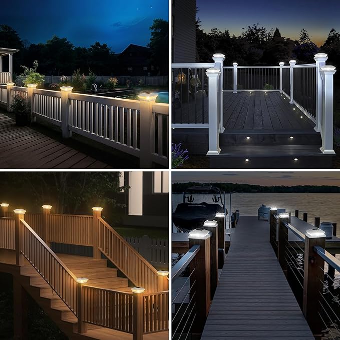 T-SUN Solar Fence Post Cap Lights 24 Pack, Outdoor Waterproof Solar Powered Deck Post Lights for 4x4 5.5x5.5 6x6 Vinyl/Wooden Posts, Warm/Cool White Modes for Porch,Yard,Walkway,Gate