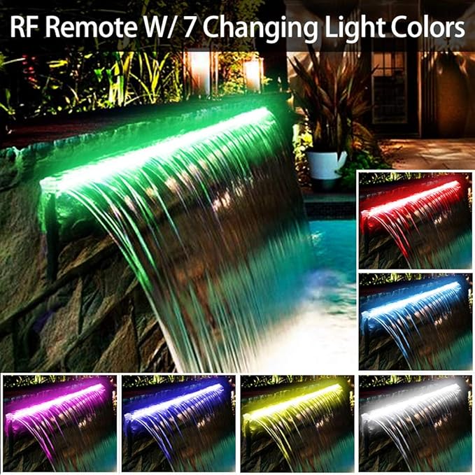 YUDA 12" Stainless Steel Waterfall Pool Fountain with SMD LED 7 Color Changing and Remote, Lighted Waterfall Spillway for Sheer Descent Garden Outdoor