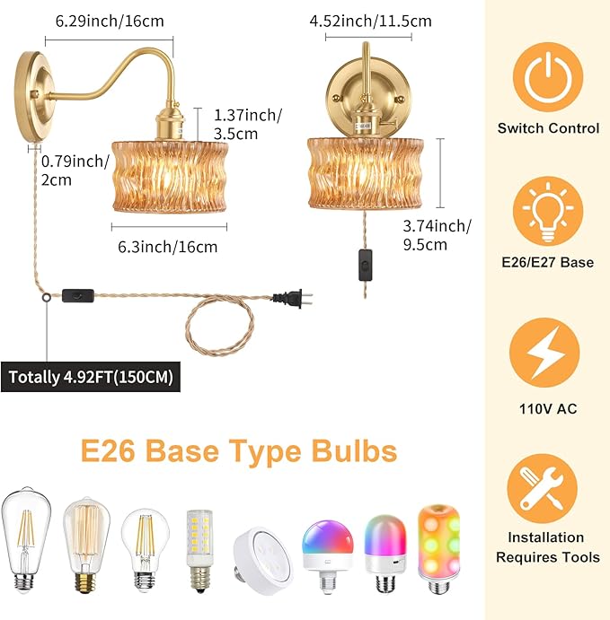 Plug in Wall Sconce Set of 2, Gold Vintage Wall Lights with Amber Ripple Glass Shade, Indoor Brass Corded Wall Lamp Fixture for Bedroom Living Room Bathroom Hallway