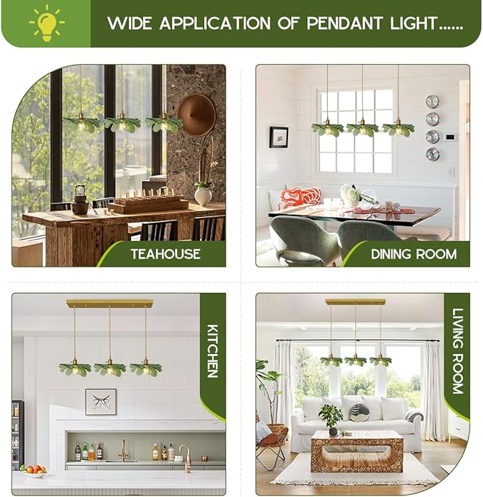 Glass Pendant Lights Kitchen Island Vintage Chandelier Modern Pendant Lighting 3-Light Hand Blown Gold Mid Century Modern Pendant lamp with Green Glass Shade for Dining Room Bedroom