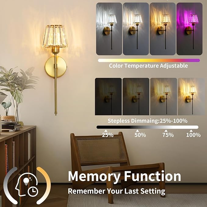 Battery Operated Crystal Wall Sconce Set of 2, Gold Rechargeable Wireless Wall Sconces with Remote Dimmable 12 Colors Modes Led Wall Lights, Wall Lamp for Bedroom Living Room Hallway, 2 Bulbs Included