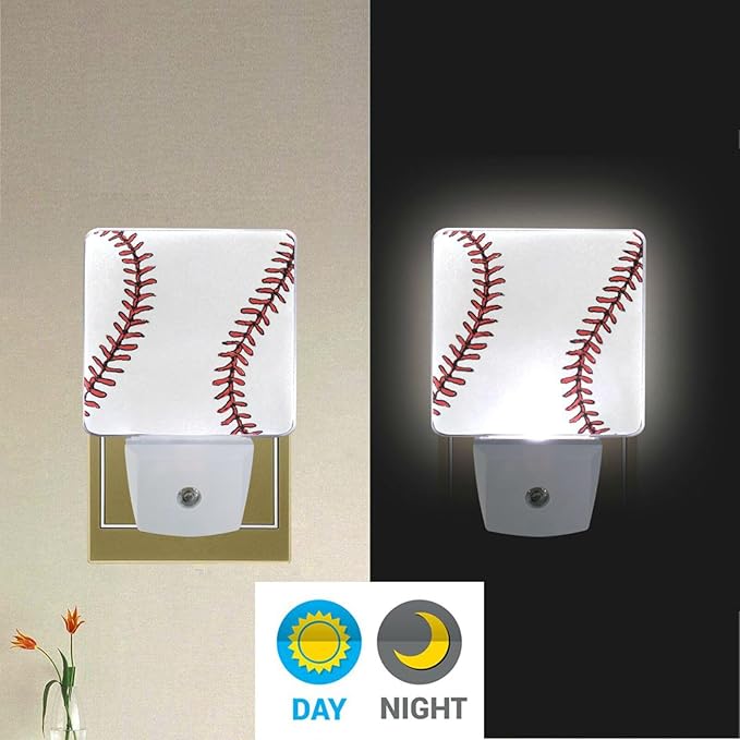 Vdsrup Baseball Night Light Set of 2 Sports Ball Lace Plug in LED Nightlights Auto Dusk-to-Dawn Sensor Lamp for Bedroom Bathroom Kitchen Hallway Stairs