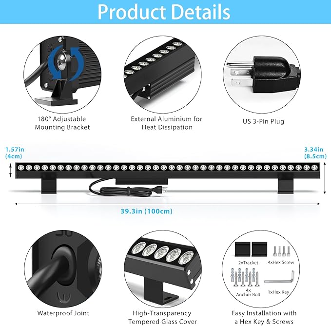 2-Pack 72W led Wall Washer Light, Premium Aluminum Outdoor Wall Washer Light Bar , IP67 Waterproof 120V Outdoor Lighting for Building, Landscape, Commercial Outdoor Decor, 3.2FT 2700K Warm White