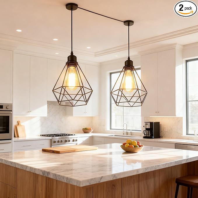 2 Pack Black Pendant Lights Kitchen Island,Farmhouse Hanging Lamp with Adjustable Cord,Small Metal Cage Hanging Ceiling Pendant Light Fixture for Dining Room,Entryway,Kitchen Island Sink,Foyer