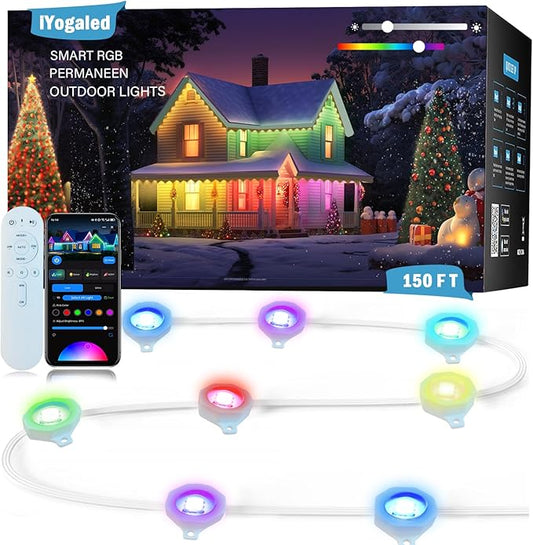 150ft Permanent Outdoor Lights, Smart Color Changing LED Eave Lights with App Control, IP65 Waterproof Wall Wash Lighting for Daily or Holidays, Party, Works with Alexa, Google Assistant