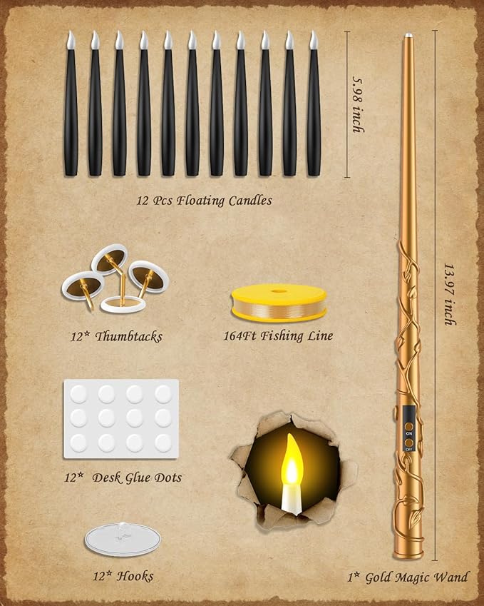 Floating Candles with Wand - 12 Pack Christmas Decorations Black Flameless Candles Flickering Warm Light LED Hanging Candle Remote, Battery Operated Candles for Christmas Outdoor Indoor Party Decor