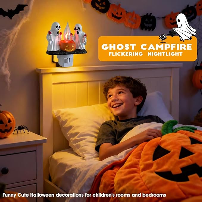 Ghost Campfire Nightlight,Halloween Campfire Flickering Night Light,3D Spooky Fire Marshmallow Night Light for Halloween Decor (Torch Ghost)