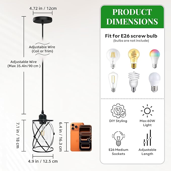 3 Light Pendant Lighting, Farmhouse Hanging Light Fixture for Kitchen Island & Dining Room, Industrial Vintage Ceiling Lamp with E26 Base, Adjustable Height, Matte Black with Glass Shades