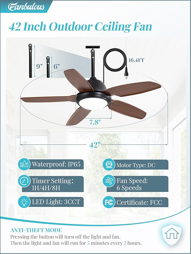 42 Inch Wet Rated Outdoor Ceiling Fan with Lights and Remote,IP65 Hanging Gazebo Fan with 3CCT 6-Speed DC Motor,Brown Waterproof Plug in Ceiling Fan with Cord for Patios Porch Pergola Pavilion