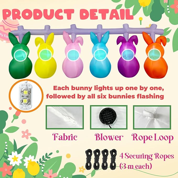 10FT Long Easter Inflatable Bunny Flashing Lights Decorations, Built-in LED Lighted Blow Up Decoration, Cute Easter Inflatables Outdoor Decorations for Home, Yard, Garden, Lawn, Indoor, Party
