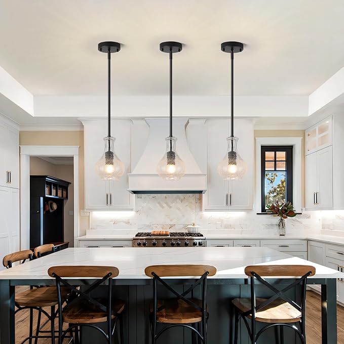 Black Pendant Lights Kitchen Island, 5.9" Unique Crackle Glass Pendant Light Fixtures with Adjustable Rods, Modern Single Hanging Lighting for Kitchen Island, Sink, Bathroom, E26 Base