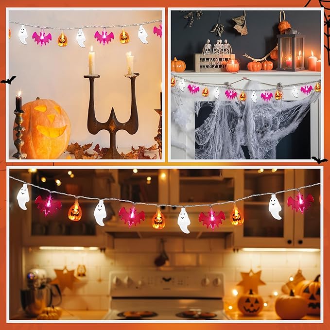 Retisee 10 ft Halloween Lights Decorations 3D Pumpkin Bat Ghost Battery Operated String Lights Halloween Fairy Light for Home Window Indoor Outdoor Party Porch Decor