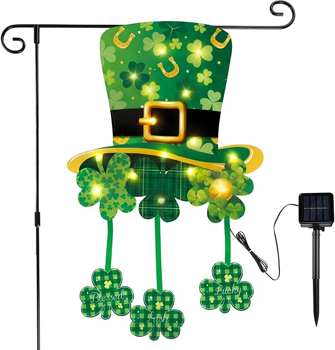 VIHOSE Lighted St. Patrick's Day Garden Flag, 12 x 18 Inch 8 Modes Double Sided Solar Ireland Decorations, LED hat Clover Shamrocks Garden Flag, Lucky Outdoor Yard Decor for St Patrick Porch Lawn