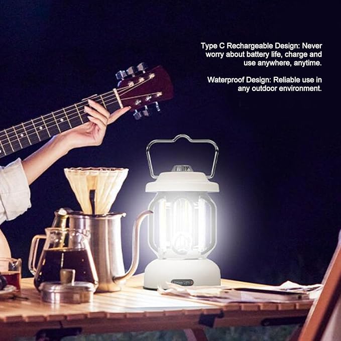 Retro Camping Lantern, Rechargeable LED Tent Lamp with 3 Light Modes, Dimmable Vintage Camping Light with Hook, USB Type C Portable Lantern for Garden Outdoor (Beige)