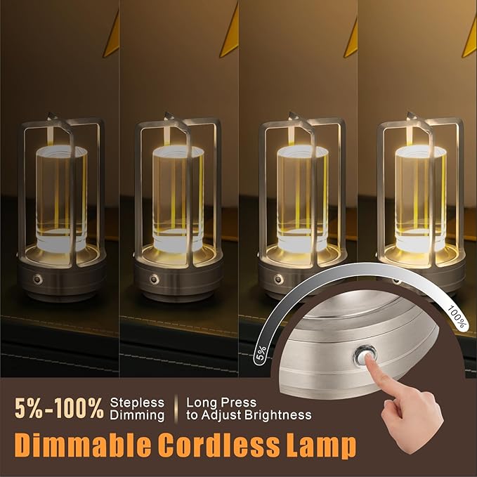 Rechargeable Table Lamp Cordless, 3 Color | Crystal | Stepless Dimming, for Bedroom, Cafe, Camping, Dining Table, Home Decor, 2 Pack (Silver)