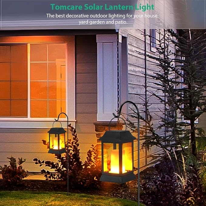 TomCare Solar Lights Metal Flickering Flame Solar Lantern Outdoor Hanging Lanterns Decorative Lighting Heavy Duty Solar Powered Waterproof Umbrella Lighting for Garden Yard Patio Deck, 4 Pack（Black）