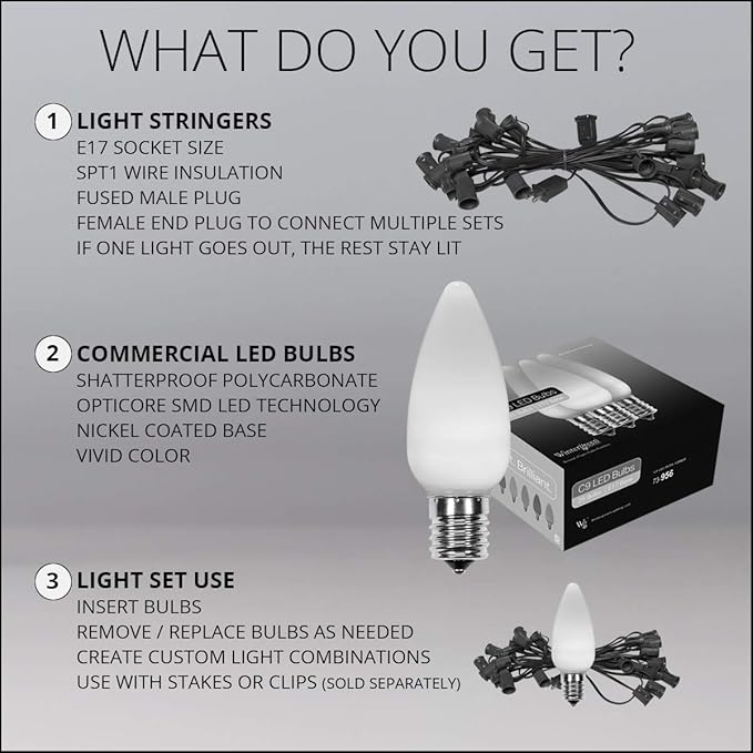 Wintergreen Lighting C9 OptiCore LED Commercial Outdoor Christmas Lights – Heavy Duty Christmas String Lights; Green Wire (50 Lights, 50 ft, Red/Cool White Smooth/Opaque)