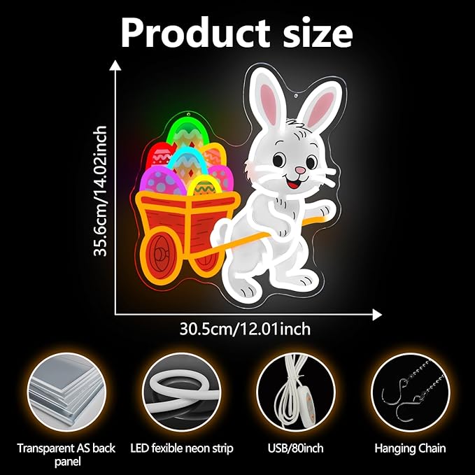 Easter Bunny Neon Sign Dimmable Easter Bunny with a Cart for Eggs Neon Light for Wall Decor Led Happy Easter Light Up Sign for Window