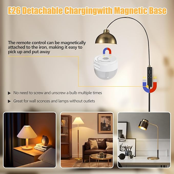 E26 2.4Ghz Rechargeable Light Bulb with Remote Control,Battery Operated Light Bulb for Sconces and Lamps, E26 Detachable Charging for Non-Hardwired Fixture,Dimmable 3000K-6500K RGBWW,1Pack