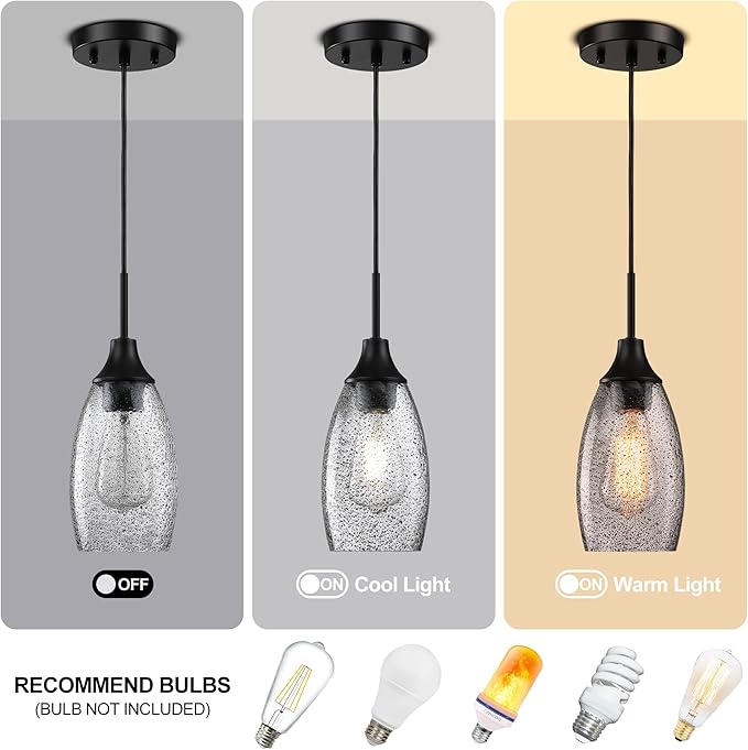 Mini Glass Pendant Light,4.72" Black Glass Hanging Light 3-Pack Handblown Clear Black Seeded Shade Adjustable Cord Ceiling Light Fixture for Kitchen Island Sink