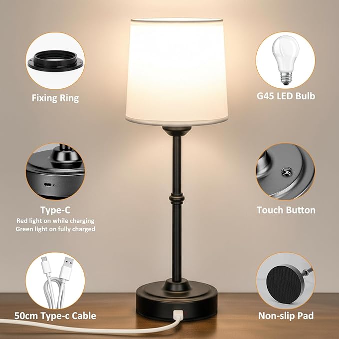 Cordless Table Lamp Rechargeable, Portable Battery Operated Light for Bedroom Living Room, 6000mAh Fabric Shade Desk Lamp 3000K Eye-Caring Home Decor for Dining Balcony Patio Counter Nightstand Hotel