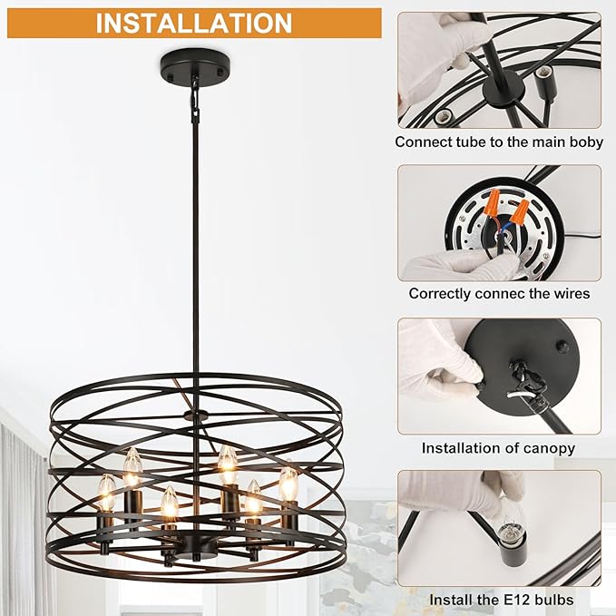 WILON 6-Light Pendant Lights Kitchen Island,19.68'' Spiral Cage Pendant Lights,Adjustable Black Industrial Pendant Light Fixtures Retro Lighting for Kitchen Island, Living Room, Bedroom