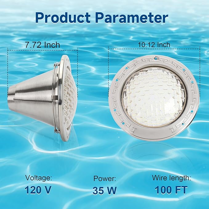 120V LED Pool Lights for Inground Pool, 10 Inch Inground Pool Light with 50FT Cord, 35W(300W Equivalent) 4000LM Cool White, Fits 10'' Wet Niche, Stainless Steel Housing