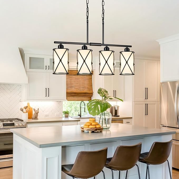 4-Light Kitchen Island Lighting, Modern Black Linear Dining Room Light Fixtures with Milk Glass, Farmhouse Industrial Chandelier Pendant Light for Kitchen Island Dining ROM, CH9176BKW-4IS