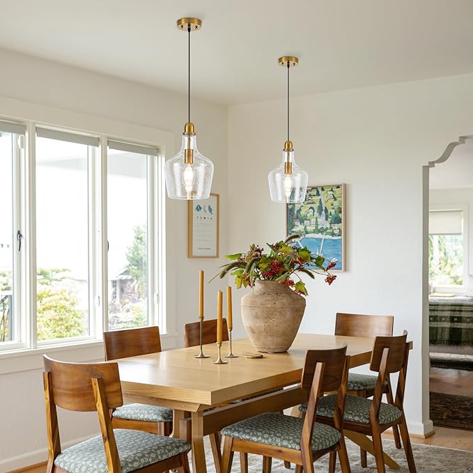 9” Seeded Glass Pendant Light Modern Brass 1 Light Single Dome Bubble Pendant Lighting Fixtures for Kitchen Island Dining Room Hallway, UL Listed