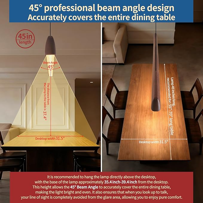 45" Wood Linear Pendant Light, Dimmable Kitchen Island Lighting with Remote, 30W LED Island Lights for Kitchen, Adjustable Linear Chandelier for Dinning Room Light Fixture, Bar, Pool Table - Walnut