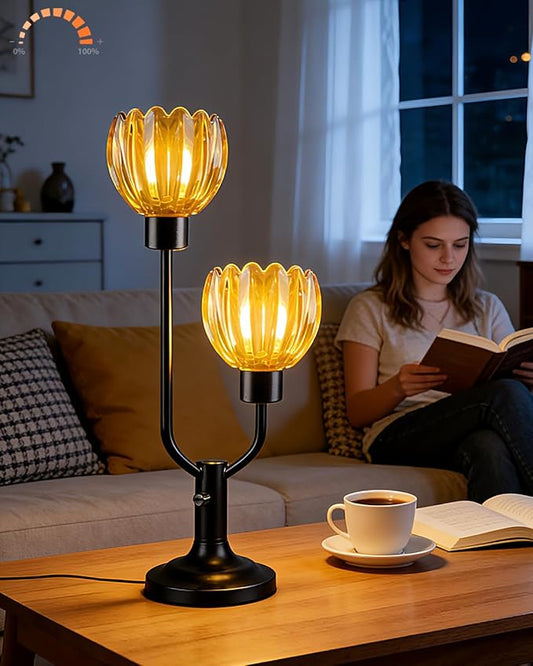 Lightdot Mid Century Modern Glass Table Lamp Black Dimmable U-Shaped Desk Lamps with Brown Lotus Glass Shade& 2Pcs 3000K Warmwhite Bulbs Included Bedside Nightstand Lamp for Living Room Bedroom