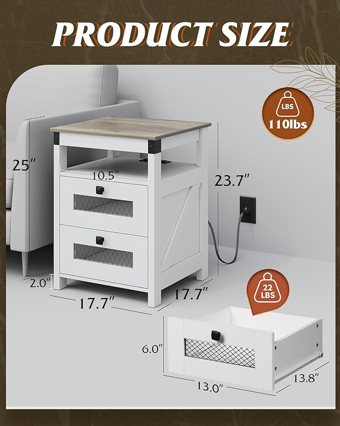 WLIVE Nightstand with Charging Station, Farmhouse End Table, Bed Side Table with 2 Storage Drawers and Open Shelf, Wood Rustic Nightstands for Bedroom, Living Room, White and Greige