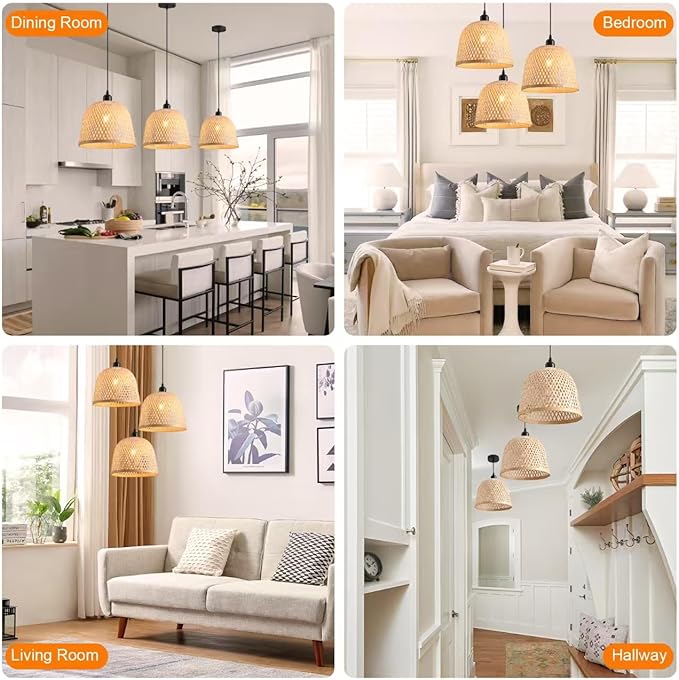 3-Pack Rattan Pendant Light,11.02 Inch Bamboo Pendant Light Fixture,Handwoven Wicker Pendant Light for Kitchen Island,Coastal Chandelier for Dining Room Foyer Stairway Hallway