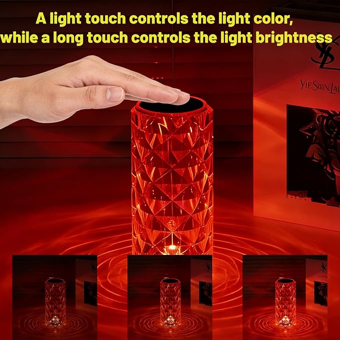 16 Colors Rose Rays Crystal Diamond Table Lamp, Touch Control Acrylic Column Light with Remote, Type-C Rechargeable, 360 Degree Transparent Shade for Bedroom Desk Décor (3, Small)