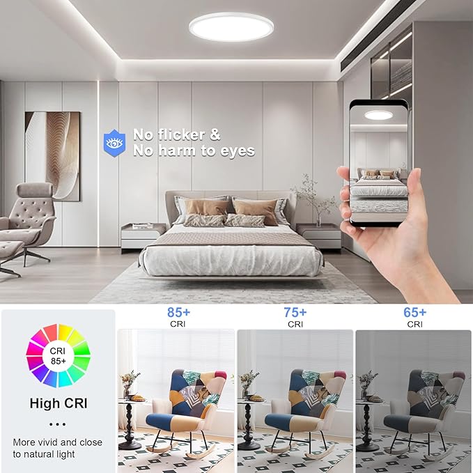 hunhun 16 Inch Dimmable LED Flush Mount Ceiling Light 4800LM Round Light Fixture 5 Color Temperature Selectable Super Slim Large Flat Ceiling Lamp for Living Dining Room White