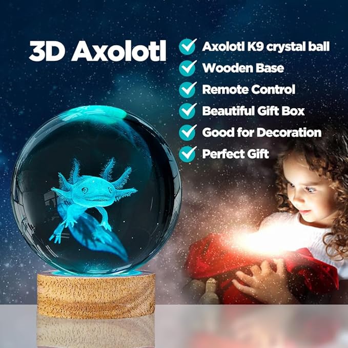 3D Axolotl Crystal Ball Night Light with Woodern Base,16 Colors with Remote Control Cool Desk Decor Gifts for Kids Friends (Axolotl-b)