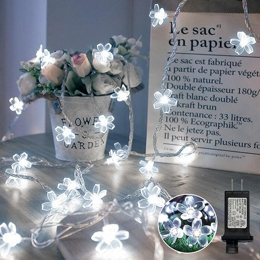 LAMPHOME White Flower String Lights, 33ft 100 LED Cherry Blossom Plug in Easter Christmas Tree Hanging Fairy Lamp, 16funstions Garden Bedroom Indoor Decorations for Fence, Wedding Birthday Party