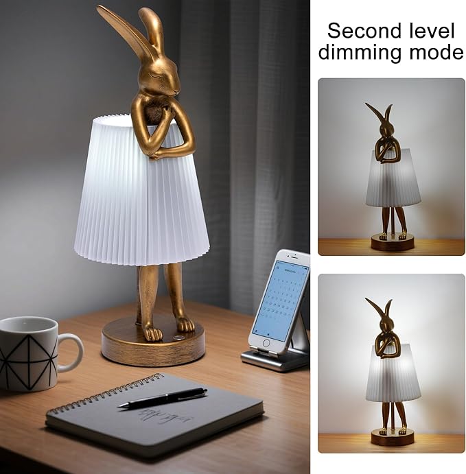 YHT Bunny Table Lamp, Cute Animal Rabbit Lamp,Bunny Lamp,15.7" Vintage LED Desk Light with Linen Lampshade, for Bedroom, Study Room, Office, Nursery, Home Decor (Light Gray)