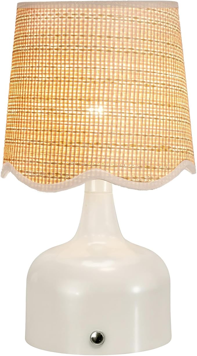 Cordless Boho Table Lamp Beige, Scalloped Wicker Shade, 5200-mAh Rechargeable Battery, 3-Way Dimmable, Build-in Integrated LED 320 Lumen Max, for Bedside Living Room