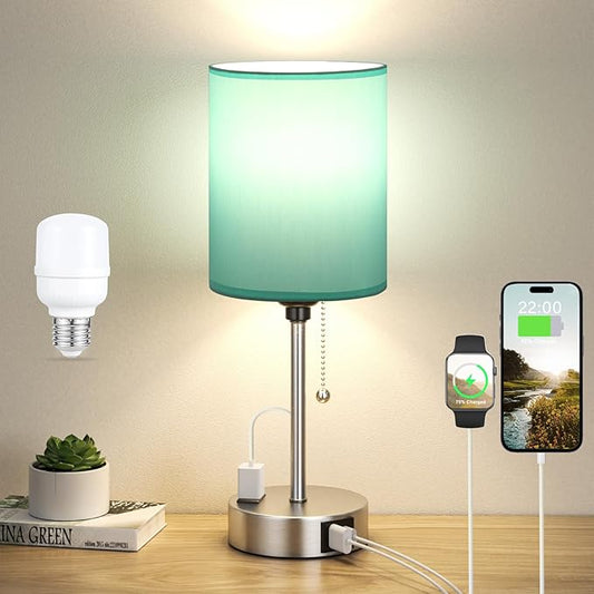 Teal Bedside Lamp for Nightstand - 3 Color Temperature Table Lamp with USB C and A Ports, Pull Chain Lamp for Bedroom with AC Outlet, Coastal Desk Lamp with Silver Metal Base for Kids Girls