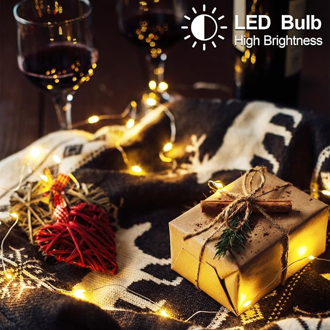 YAOZHOU Christmas Decorations Warm White Fairy String Lights, Battery Operated with Timer, 2 Pack Total 33FT 100 Led Mini Battery Powered Mason Jar Waterproof Firefly Lights DIY Party